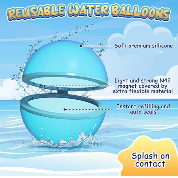 Reusable Water Balloons - Quick Fill, 6 Pcs, Auto Sealing, Refillable, Silicone - Picture 4 of 4